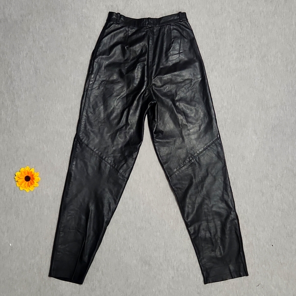 Vintage Cedars Petites High Rise Black Leather Pleated Trousers Tapered Pants - Picture 8 of 15